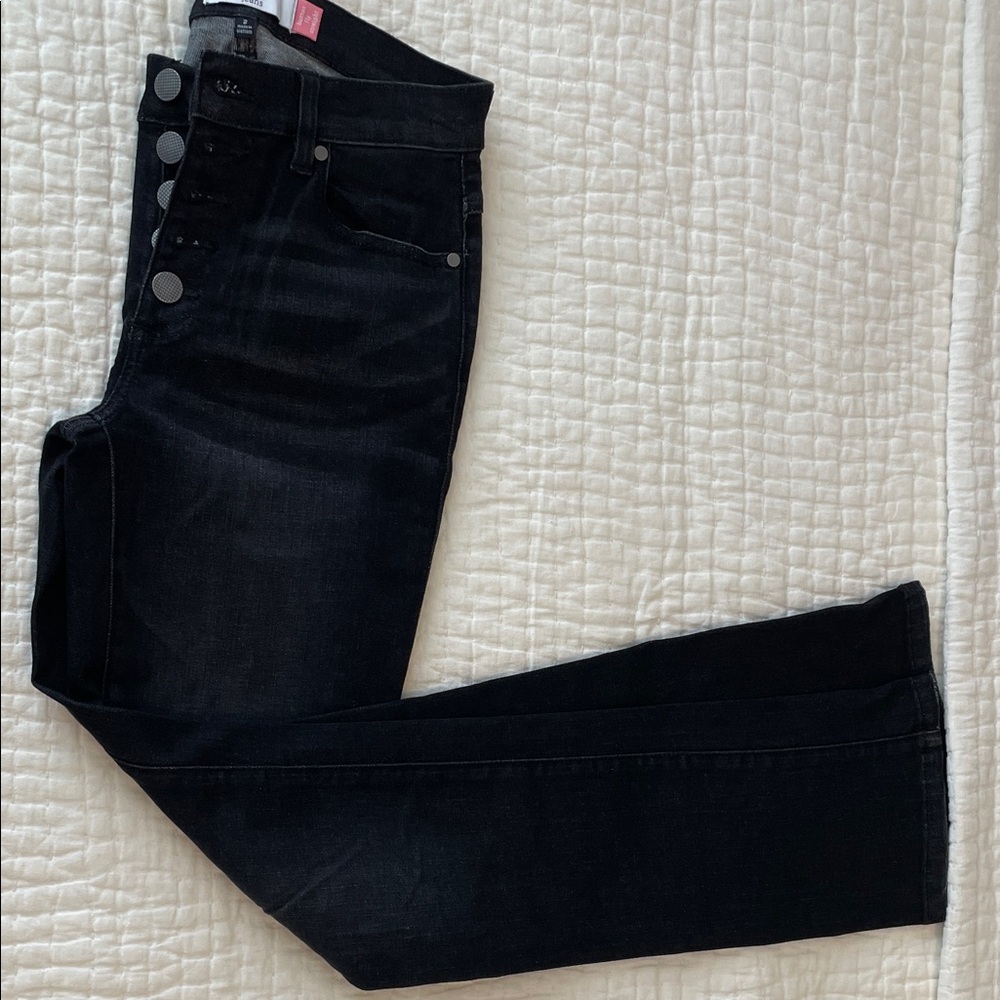 CAbi Dark Flare Jeans with Button Accents